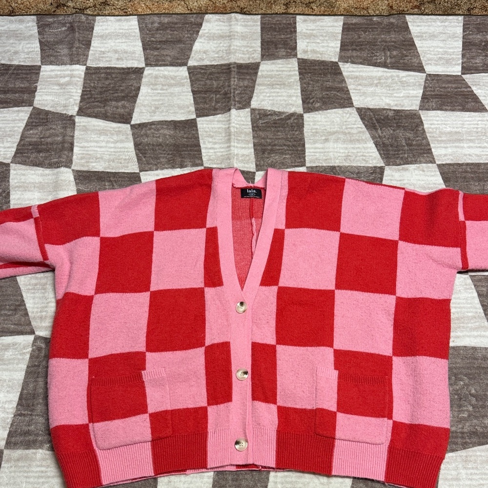 Dressed in LALA Vibrant Red and Pink Cardigan